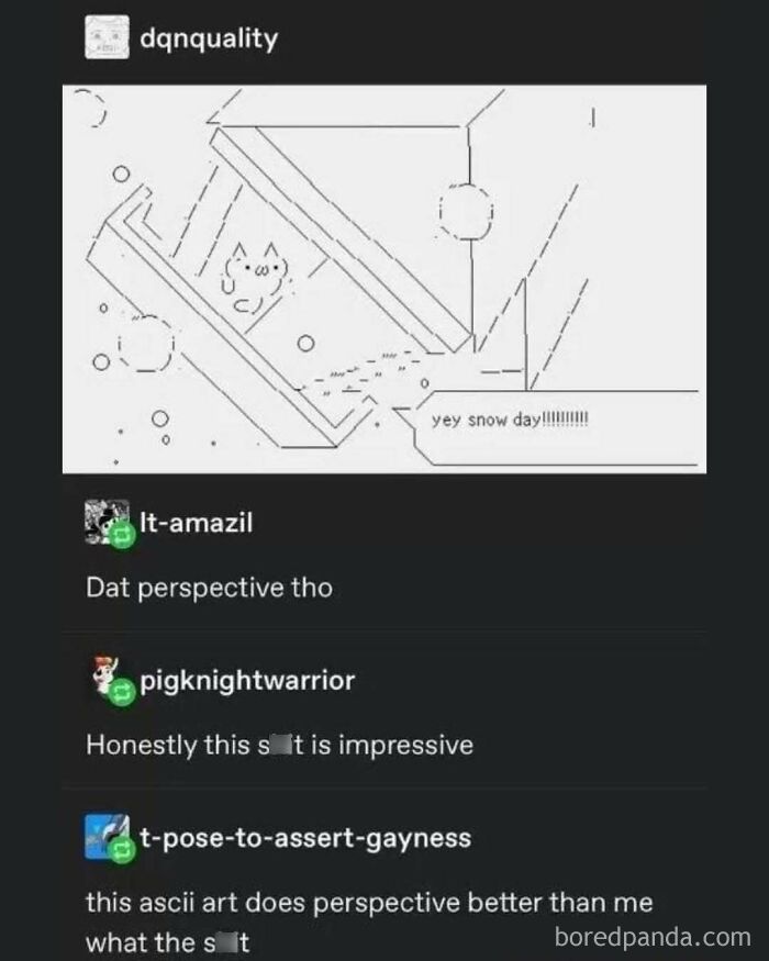 ASCII art showcasing a cat in a snow day scene with humorous perspective comments, highlighting "The Ugly Side Of Tumblr."