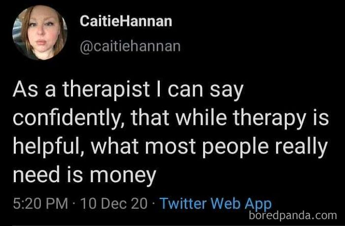Disturbing anti-capitalism post by a therapist highlighting money over therapy needs, shared on Twitter.