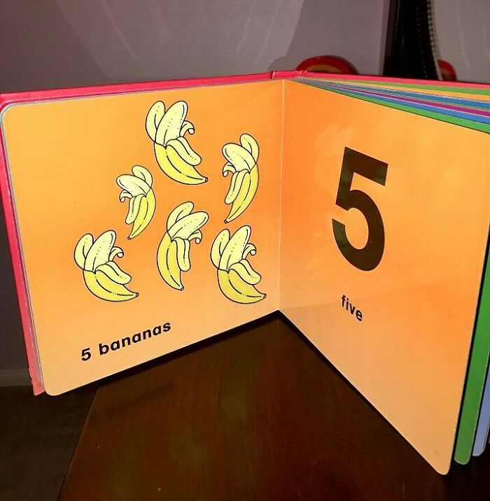 Children's book design fail shows six bananas labeled as five.