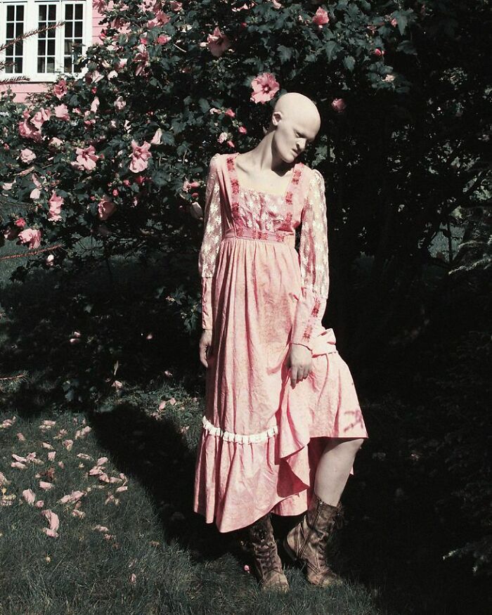 Unique model in pink dress poses by blooming bush, vintage style.
