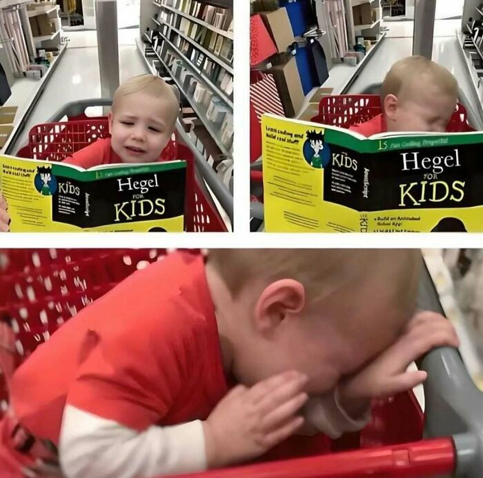 Niño en carrito lee libro "Hegel for Kids" y se cubre la cara, escena divertida y confusa en una tienda.