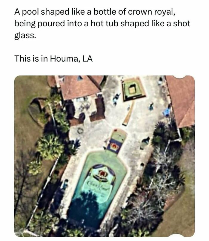 Aerial view of a pool shaped like a Crown Royal bottle, designed for hilariously random memes.
