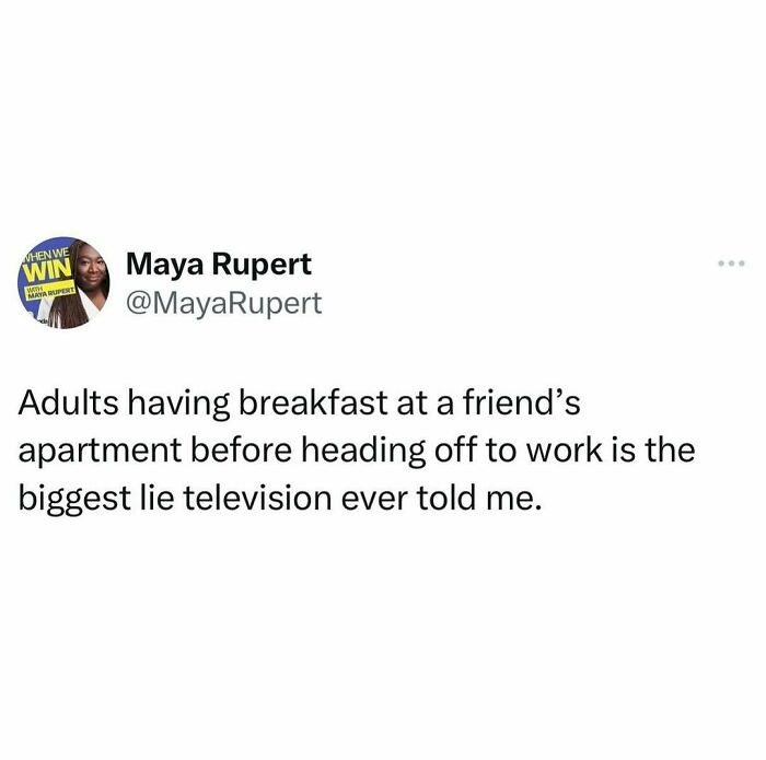 Social media post: "Adults having breakfast at a friend's apartment" with profile picture, emphasizing random meme humor.