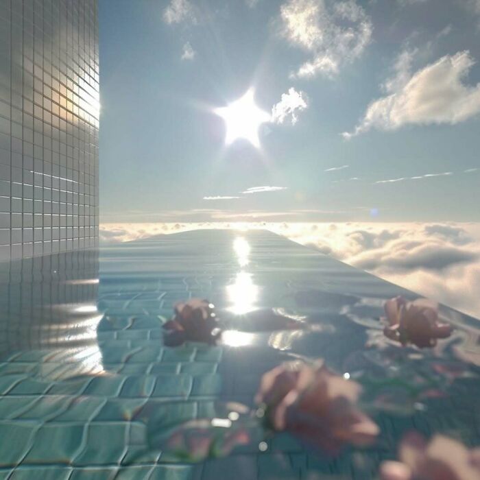 Liminal space with a tiled pool stretching into cloudy sky, under a bright sun.