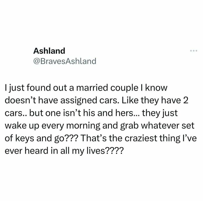 Random meme text about a couple sharing cars without assignments, creating hilarious confusion and disbelief.