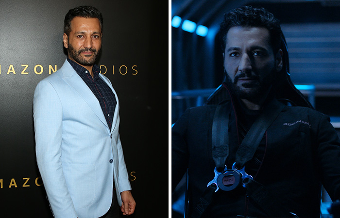 Actor in a light blue suit at an Amazon Studios event, and in a dark, futuristic setting, depicting a career transition.