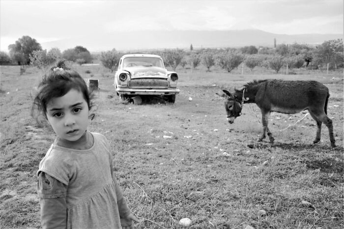 Child in a black and white photo stands in a field with a donkey and an old car, capturing childhood's innocence and resilience.