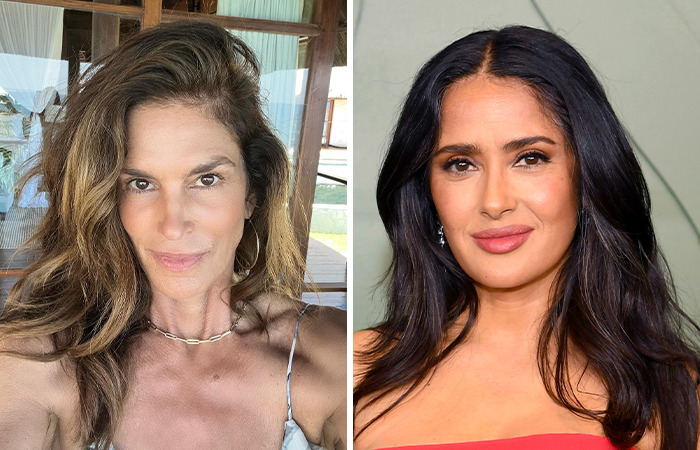 Side-by-side photo of Cindy Crawford and Salma Hayek showcasing the dramatic impact of plastic surgery on two same-age women.