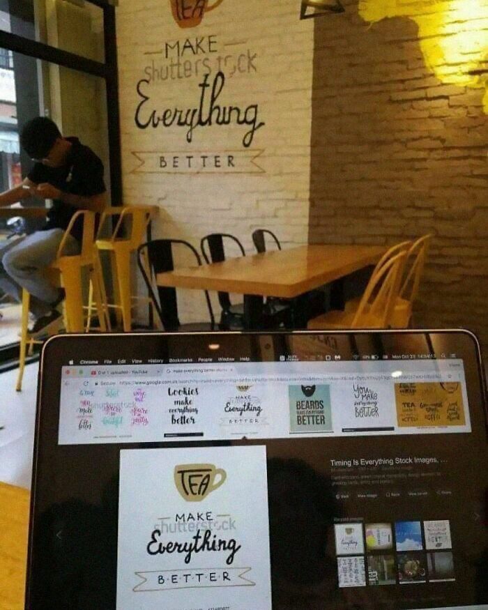 Cafe wall design fail with "Make Shutterstock Everything Better" text visible.