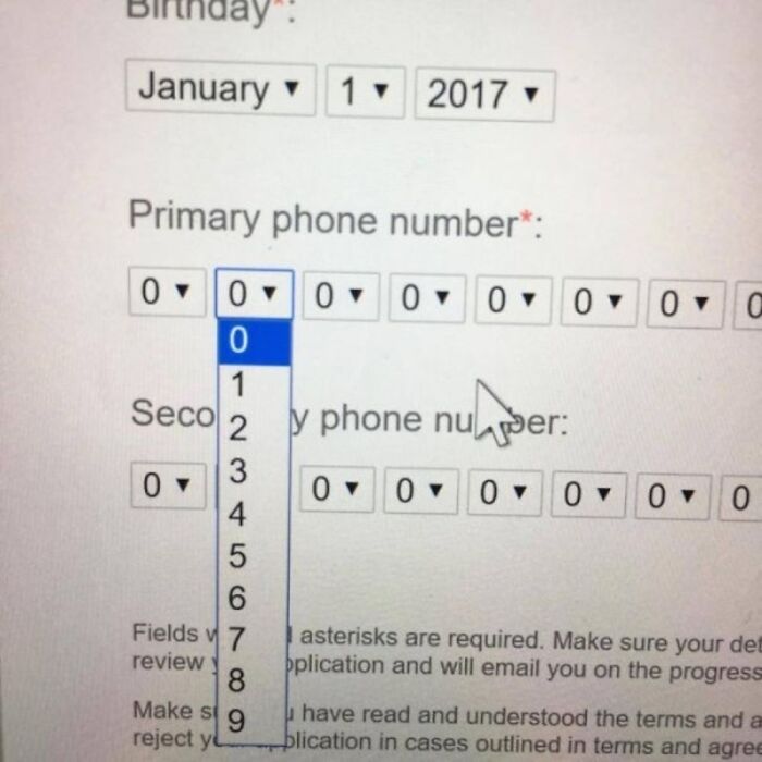 Dropdown menu design fail for entering a phone number, featuring separate fields for each digit.