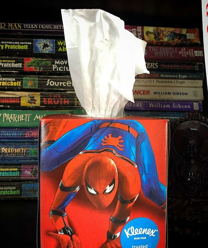 Spiderman tissue box design fail in front of a bookshelf filled with Terry Pratchett books.