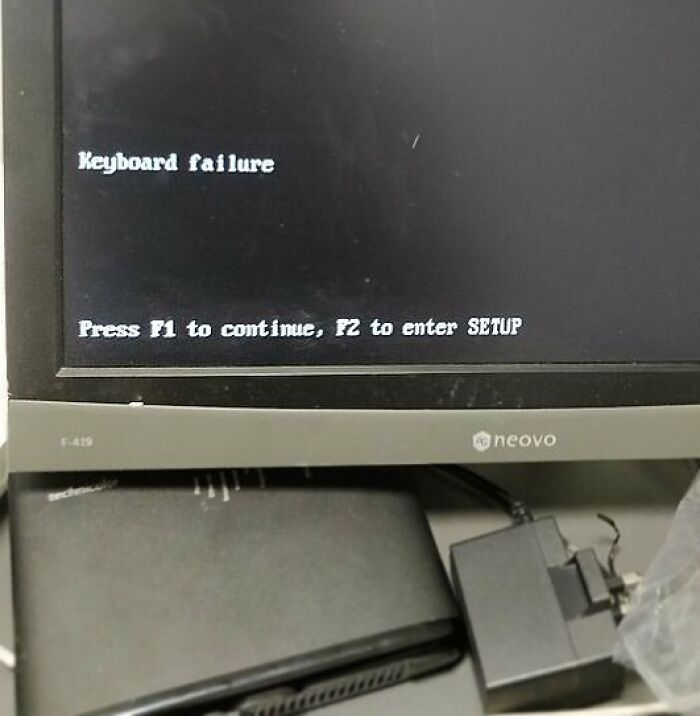 Computer screen displaying "Keyboard failure", showcasing design fails in technology.
