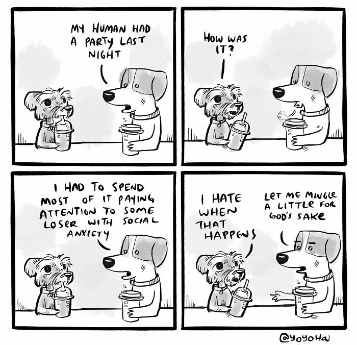 Two dogs discussing social anxiety at a party in a satirical comic by Yoyoha.