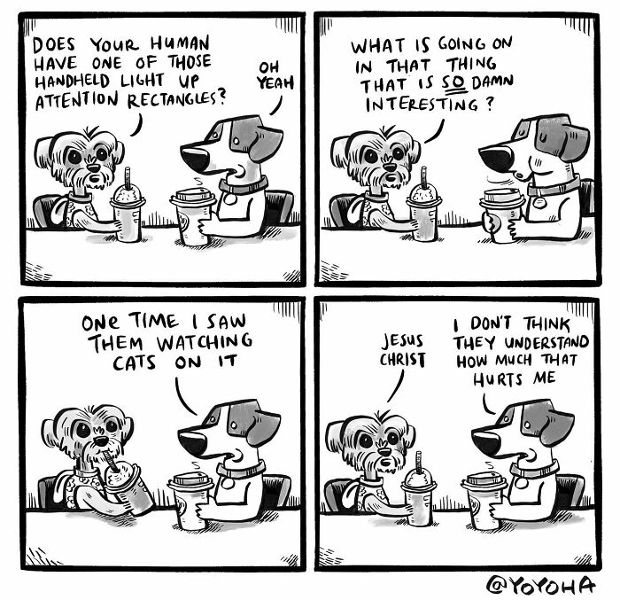 Satirical comic by Yoyoha featuring two dogs discussing their human's phone fascination at a table with drinks.