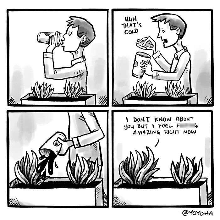 Satirical comic by Yoyoha depicting a man drinking cold water and plants reacting humorously.