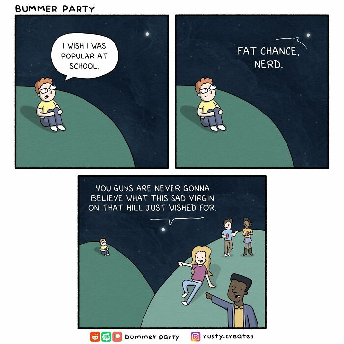 Comic strip featuring a humorous scene where a character wishes for popularity, and others comment sarcastically.