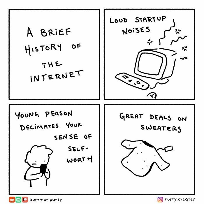 Comic by artist depicting a humorous take on internet history, with panels on startup noises and online interactions.