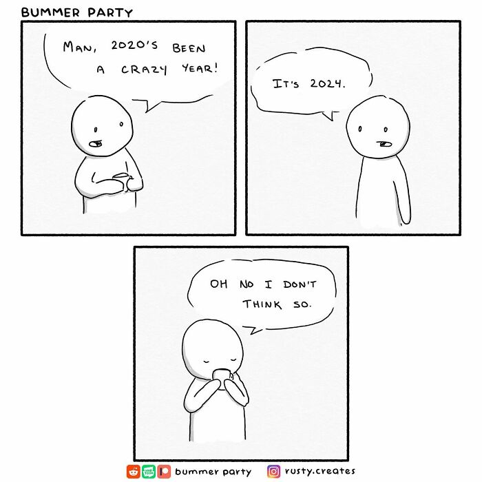 Witty comic strip about time and denial, featuring simple character dialogue in three panels.