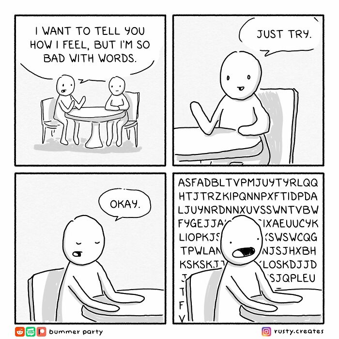 Comic featuring witty dialogue between two characters about expressing feelings with words.