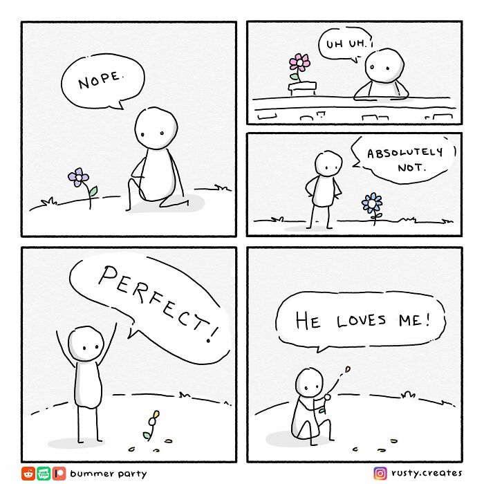Witty comic strip about a character interacting with flowers, humorously deciding which flower loves them.