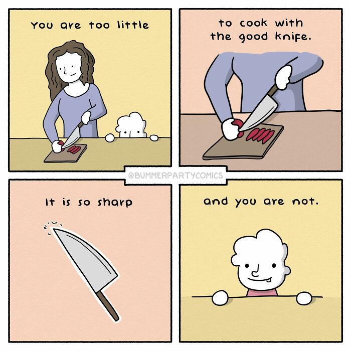 Comic of a parent telling a child they're too little to use a sharp knife, featuring witty dialogue and humorous expressions.