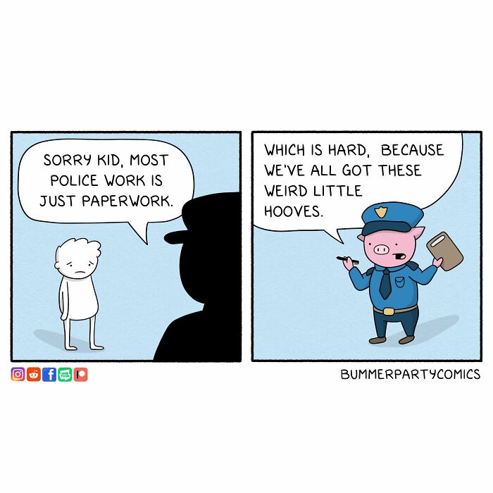 Witty comic of a pig police officer humorously discussing paperwork challenges due to hooves.