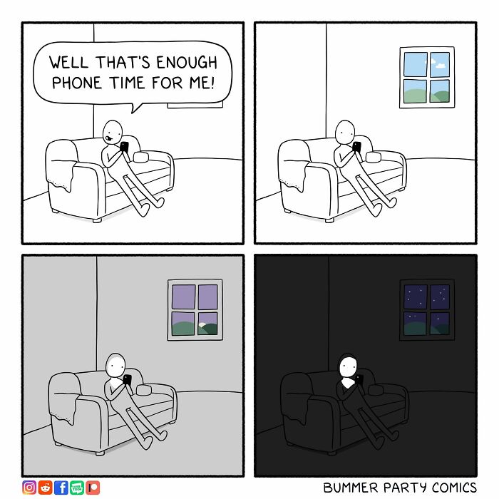 Comics depict a person on a couch, saying they will stop phone use, yet continuing into the night.
