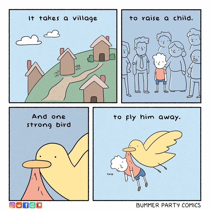 Witty comic of a village raising a child, then a bird humorously flying him away.