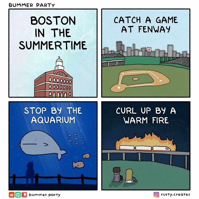 A witty comic illustrating Boston summer activities, including Fenway Park, the aquarium, and a cozy fire.