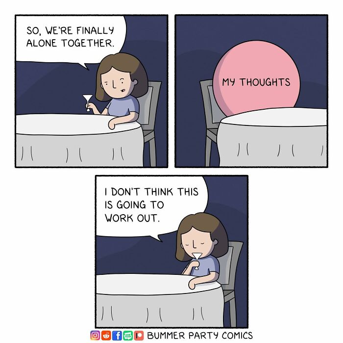 Witty comic depicting a woman's humorous struggle with her own thoughts at a dinner table.