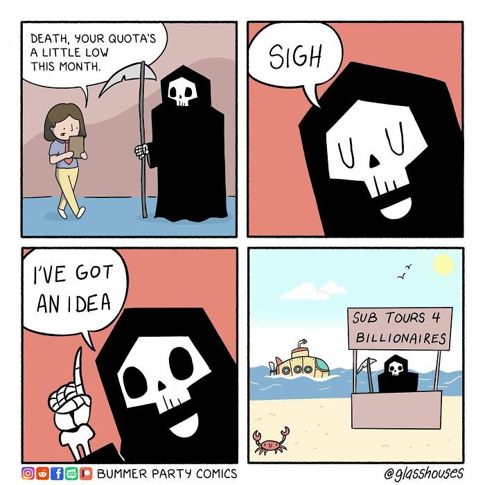 Comedic comic strip featuring Death brainstorming for new quota ideas with a "Sub Tours 4 Billionaires" booth on a beach.