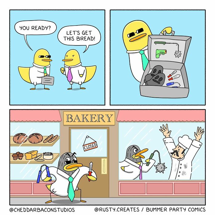 Comic strip of birds in suits humorously ready to "get this bread" at a closed bakery.