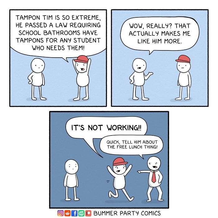 Comic strip with characters discussing free school tampons in a witty manner.