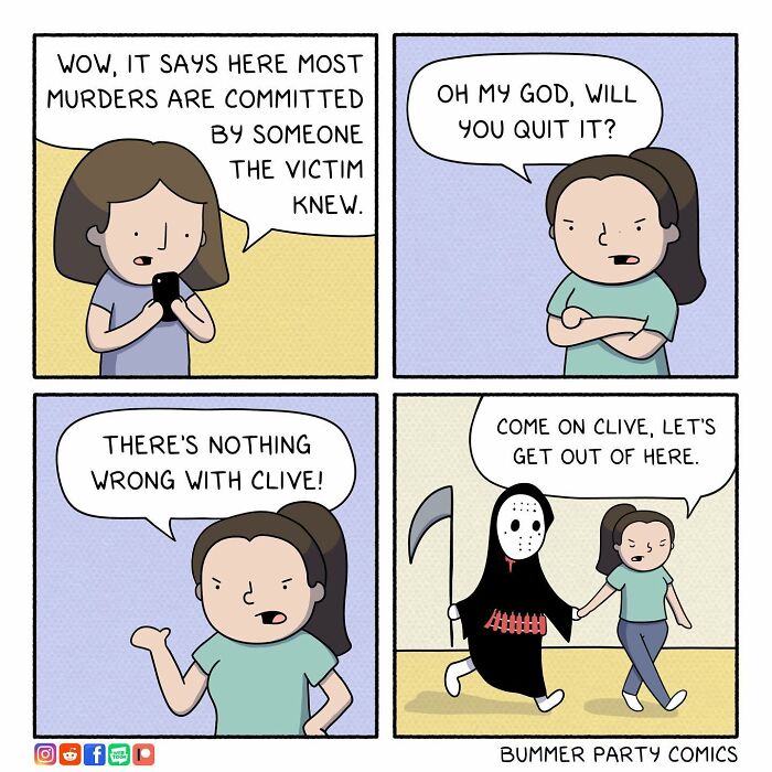 Comic strip with witty dialogue about m****r statistics and a character named Clive.