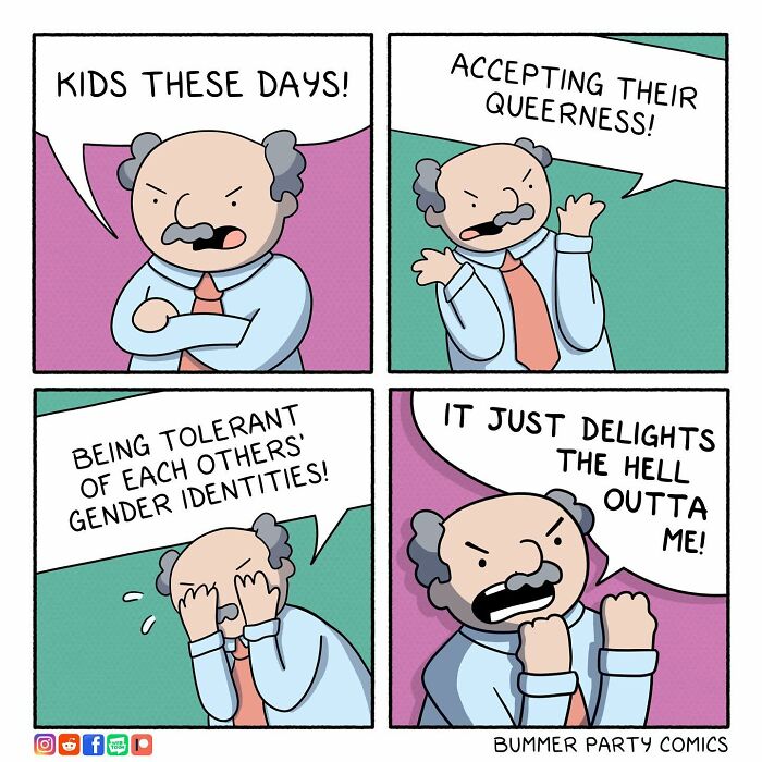 Artist's comic featuring a man humorously reacting to acceptance and tolerance with delight.