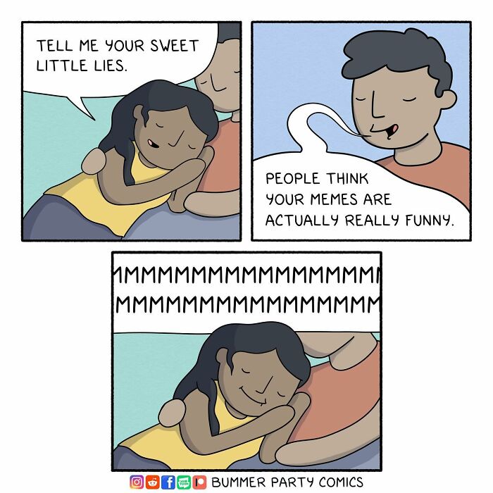 Comic by an artist showing a couple snuggling; highlights witty humor about memes being funny.
