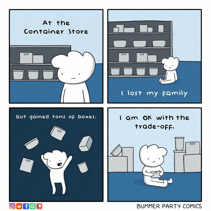 Comic strip character humorously trading family for boxes in a store setting.