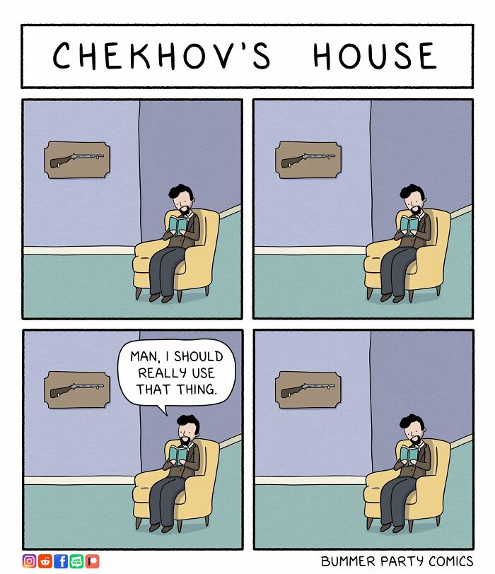 Comic strip by artist featuring a man with a book, pondering a rifle on the wall.