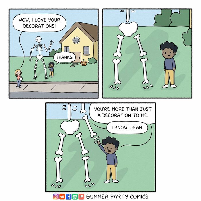Witty comic featuring a person talking to a skeleton decoration outside a house, creating a humorous scene.