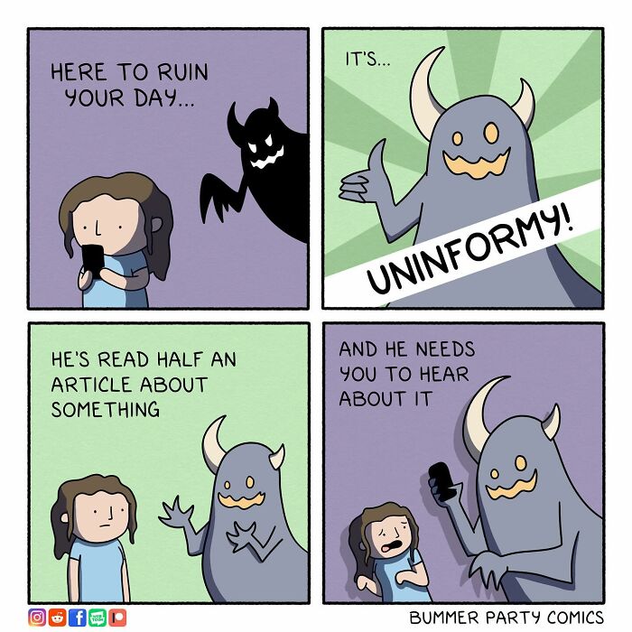 Witty comic by artist features a monster interrupting a woman's day with unwanted information.