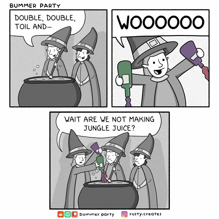 Witty comic of two witches brewing potion, one asks about making jungle juice.