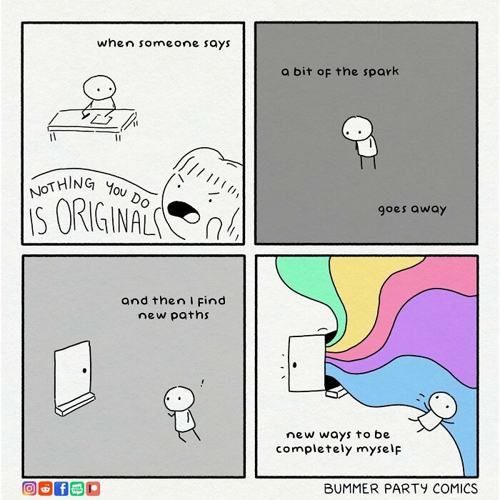 Artist comic strip shows a character facing criticism, losing spark, finding new paths, and embracing creativity.