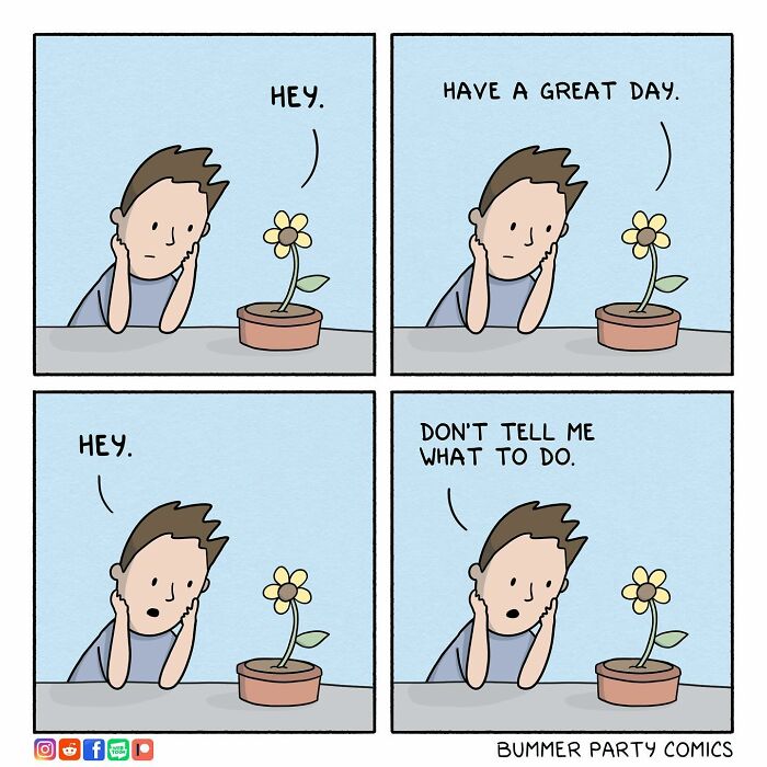 Comic strip featuring a witty dialogue between a person and a flower.