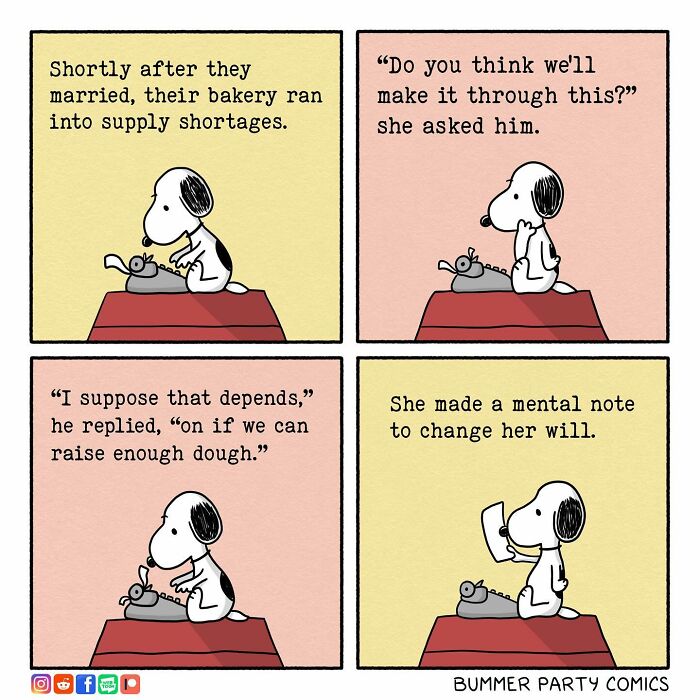 Witty comic strip featuring a conversation about a bakery facing supply shortages, highlighting humorous wordplay.