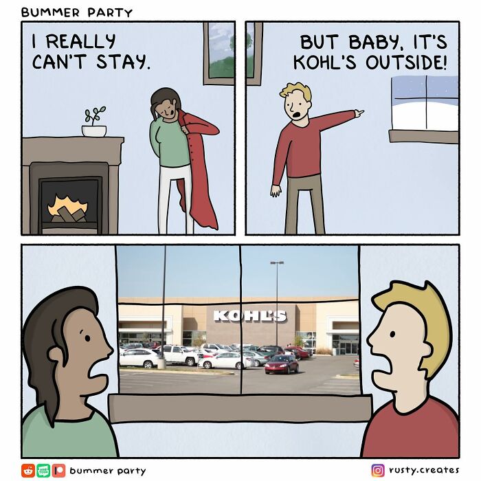 Witty comic by artist with dialogue referencing Kohl's store seen through a window.