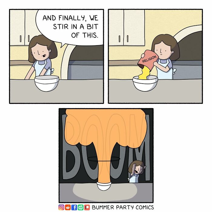 Comic depicting a person adding "religion" to a bowl, causing an explosion; shows witty comic humor.