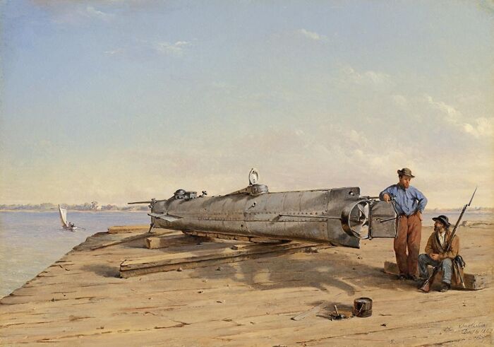 Two men beside an early submarine, representing inventors and their creations on a wooden dock beside a calm river.