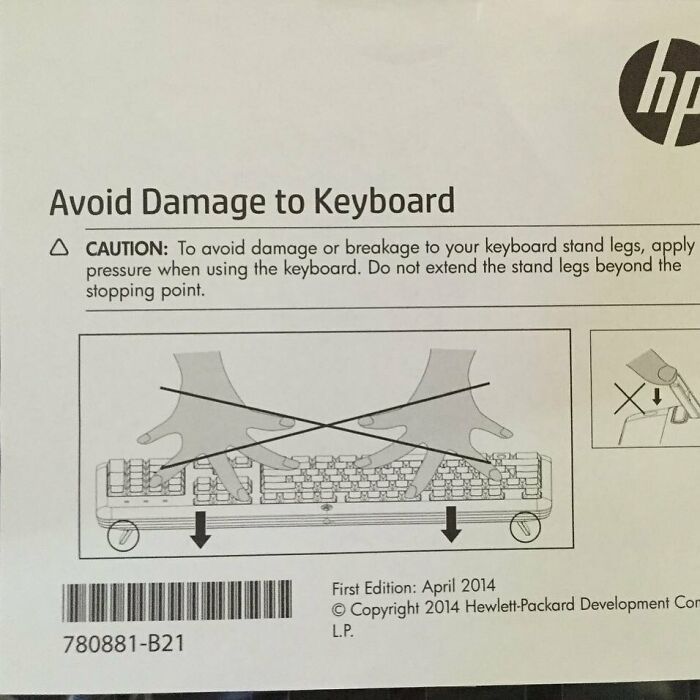 Instruction sheet with illustration showing how to prevent damage to a keyboard, highlighting cautious use.