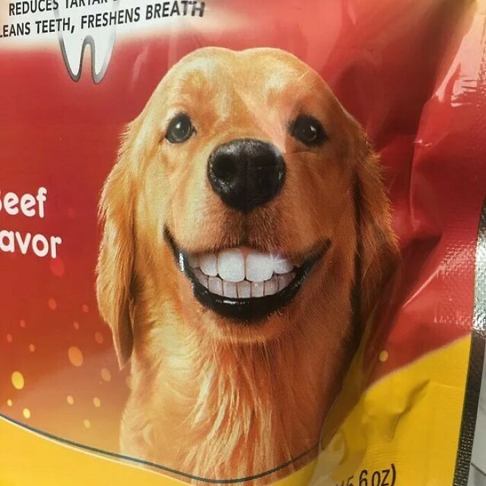 Dog design fail on beef-flavor package with cartoon teeth, causing confusion and humor.