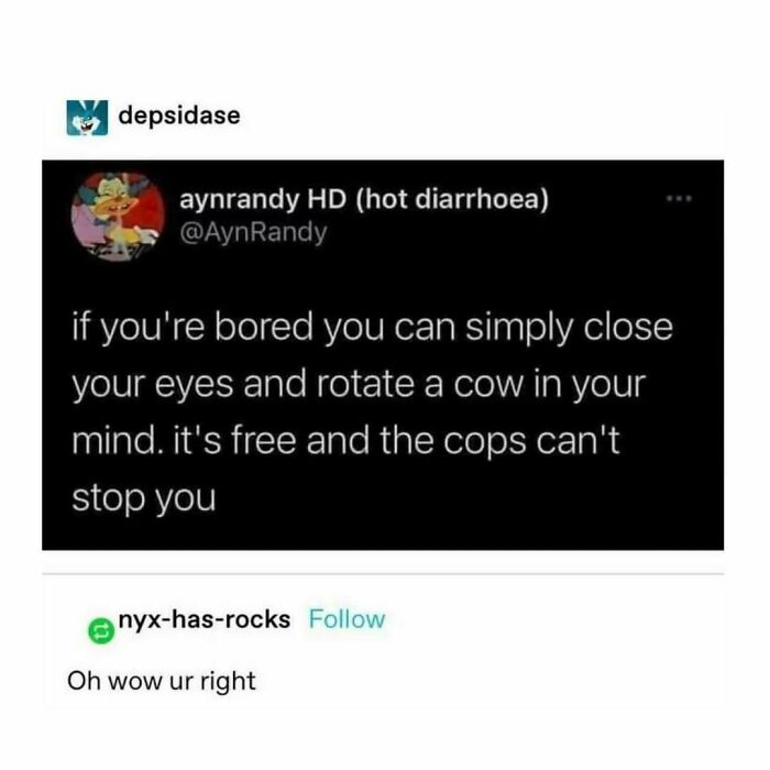 Funny Tumblr post about visualizing a rotating cow in your mind as a free activity.
